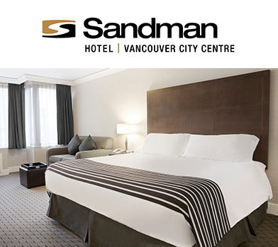 Sandman Hotel room with logo